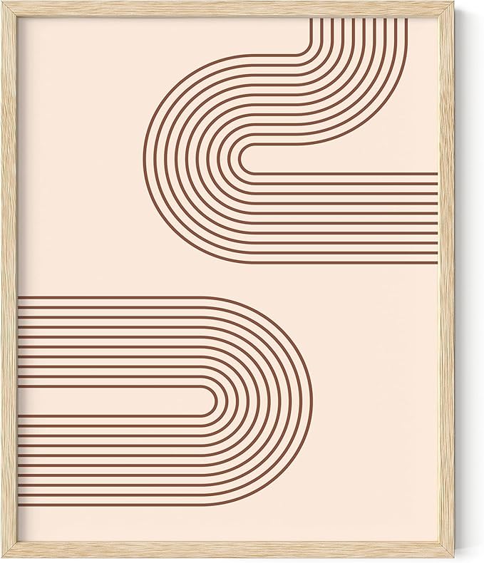 Abstract Double Wavy Arch Wall Art Minimalist S-Shape Lines Earth Tones Terracotta Brown 8x10 Inch Oak Wood Beige Framed Boho Geometric Print for Modern Living Room Decor