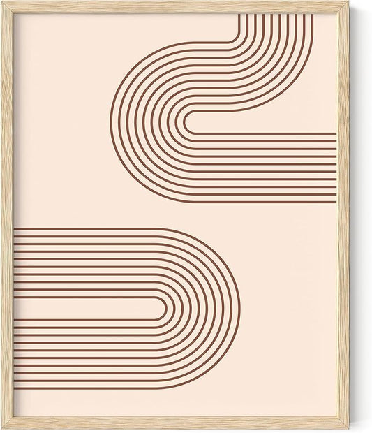 Abstract Double Wavy Arch Wall Art Minimalist S-Shape Lines Earth Tones Terracotta Brown 8x10 Inch Oak Wood Beige Framed Boho Geometric Print for Modern Living Room Decor