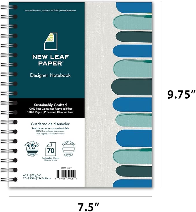 Small Spiral Bound Recycled Notebook, Gray Keys Design, 9.75" x 7.5", 70 Sheets, Double-Wire, College Ruled, Vegan, Made in USA