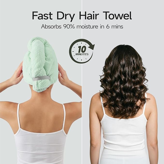 REDKISS Microfiber Hair Towel Wrap for Women, Double Sided Hair Towels with Elastic Strap, Super Absorbent Quick Dry Hair Drying Towel for Long, Thick, Curly Hair, Anti-Frizz Turban (Grenn & Pink)