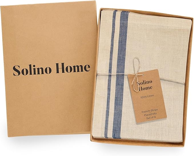 Solino Home Linen Placemats Set of 4 - French Stripe Navy and Natural Placemats 14 x 19 Inch - 100% Pure Linen Table Mats
