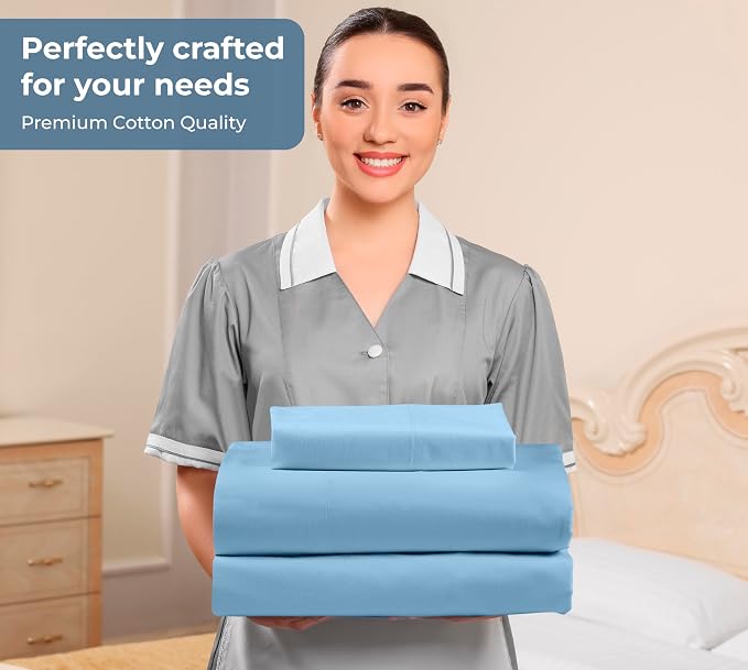 ROYALE LINENS 100% Organic Cotton Twin Sheet Set - Percale Weave - 3 Pieces Set - 1 Flat, 1 Deep Pocket Fitted Sheet and 1 Pillowcases - Lake Blue Bed Sheets - Sábanas Twin - Crisp Cool (Lake Blue)