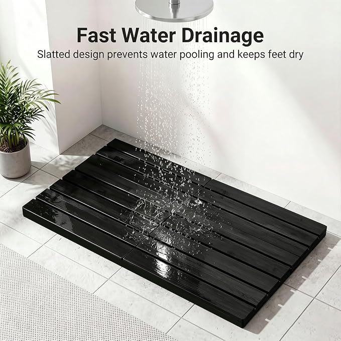 Bamboo Bath Mat for Bathroom Waterproof Foldable Shower Mat Non-Slip Quick Dry Bath Rug Heavy Duty Floor Mat for Shower Tub,Black,L23.5''×W15.6''×H2''