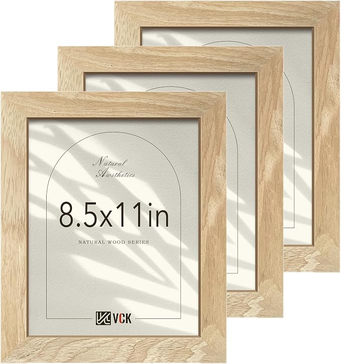 VCK 8.5 by 11 Picture Frame Set of 3, Natural Solid Wood Beige Frame with Exclusive Wood Grain, Tabletop Display & Wall Mounting for Home Deco
