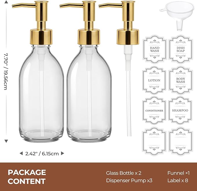 8 oz Clear Glass Pump Bottle, 250ml Small Lotion Dispenser Bottle for Body Massage Oil, Refillable Empty Hand and Dish Soap Dispensers Set with Plastic Golden Pump, Labels - 2 Pack