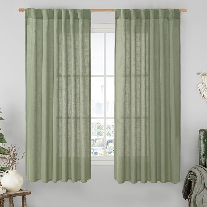 LAMIT Sage Green Semi Sheer Linen Curtains 60 Inch, Light Filtering Neutral Window Panels Farmhouse Boho Back Tab and Rod Pocket Drapes for Bedroom, 2 Panels, 52 x 60 Inch
