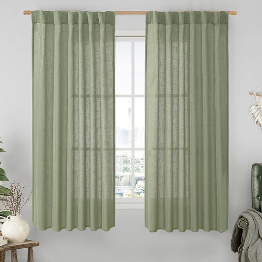 LAMIT Sage Green Semi Sheer Linen Curtains 60 Inch, Light Filtering Neutral Window Panels Farmhouse Boho Back Tab and Rod Pocket Drapes for Bedroom, 2 Panels, 52 x 60 Inch