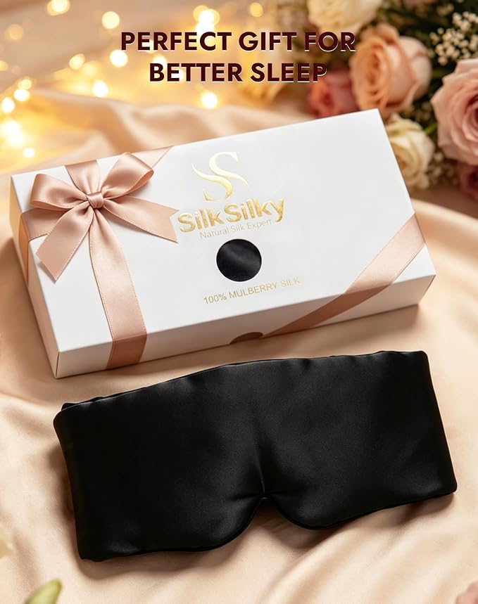 SilkSilky Silk Sleep Mask for Side Sleepers - 22 Momme 100% Mulberry Silk, Wide Face-Hugging 3D Eye Mask for Total Blackout, Zero Pressure & Adjustable Band for Women Men (Black)