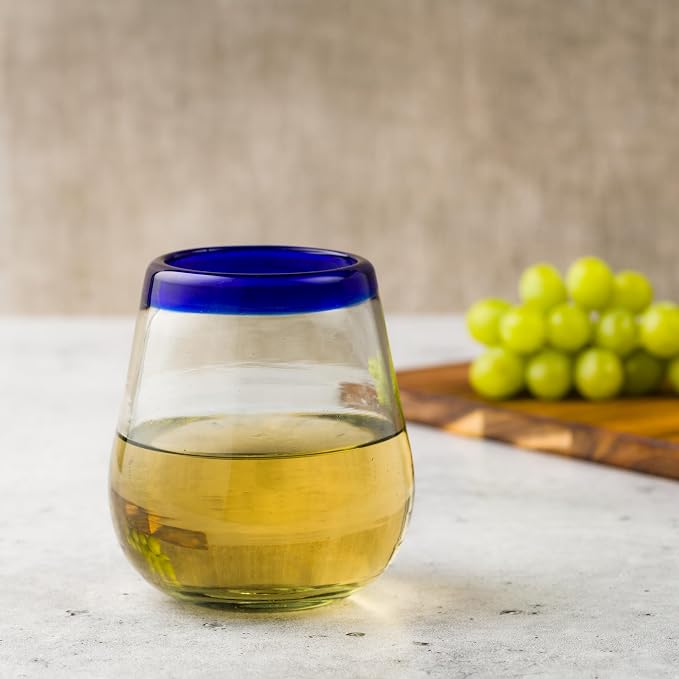 10 Strawberry Street Cobalt Rim Stemless Wine Handblown Mexican Glass, Set of 6