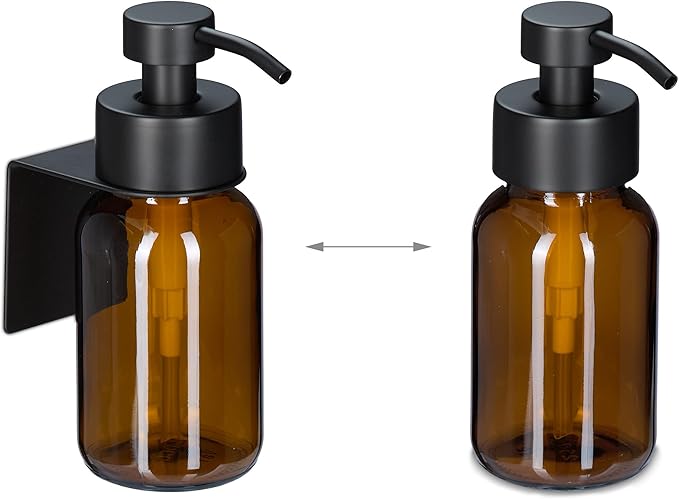 Relaxdays Soap Dispenser, Set of 2, 250 ml, Glass, Stainless Steel, Wall-Mounted, Adhesive, Sanitiser Pump, Brown/Black