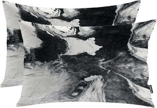 Shrahala Black and White Pillowcases, Watercolor Abstract Hand Painting On Canvas Modern Lumbar Pillow Cover Blended Double-Sided No Inserts for Bedroom Sofa Living Room Set of 2 (26 X 20 in)