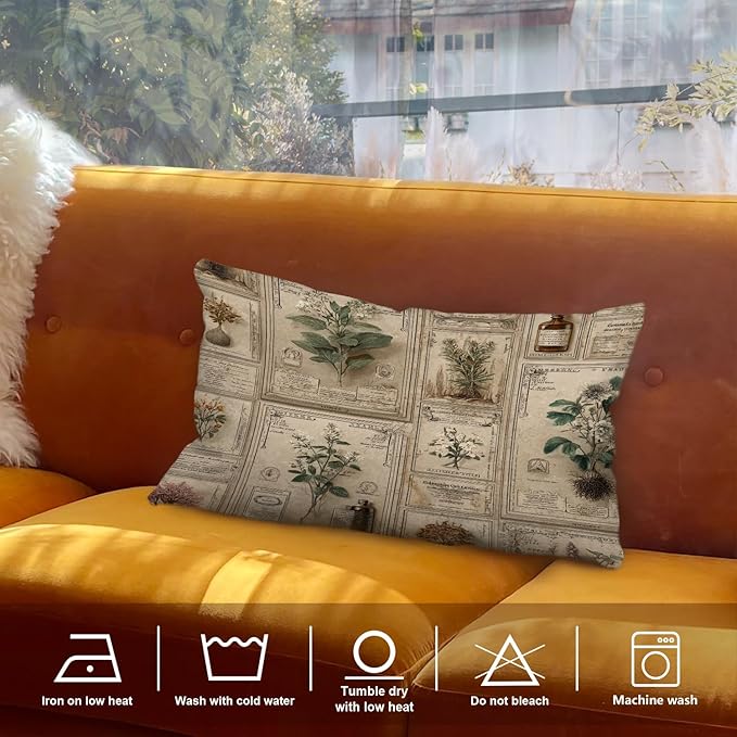 Shrahala Mythical Plants Specimen Labels Linen Throw Pillow Cover, Victorian Herbarium with Earth Tones Lumbar Pillowcase Blended Double-Sided No Inserts for Bedroom Living Room Set of 2 (12 x 20 in)