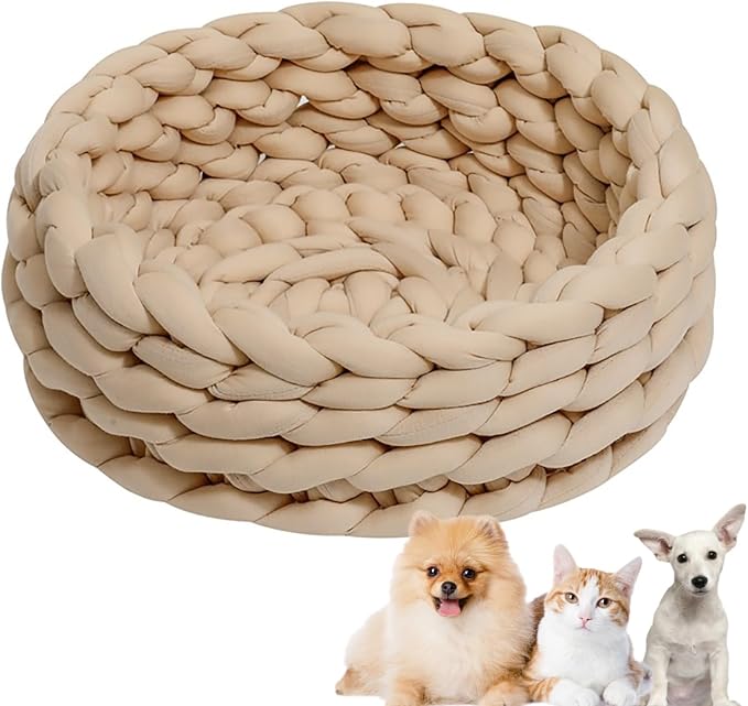 Woven Dog Bed Basket, Knitted Cotton Cat Bed Round Washable Woven Cat Pet Bed Chunky Dog Basket, Orthopedic, Chunky Knit Dog Nest,Dog Bed,Dog Cave,Dog Bedding(Khaki,19")