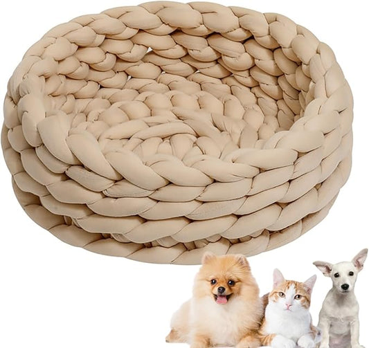 Woven Dog Bed Basket, Knitted Cotton Cat Bed Round Washable Woven Cat Pet Bed Chunky Dog Basket, Orthopedic, Chunky Knit Dog Nest,Dog Bed,Dog Cave,Dog Bedding(Khaki,17")