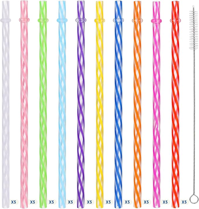 Jovitec 50 Pcs Reusable Plastic Straws with Brush 11 Inch Long Hard Plastic Straws Dishwasher Safe 10 Color Clear Replacement Drinking for 16 oz-32 oz Tumblers Cup Mason Jars Milkshakes Smoothies
