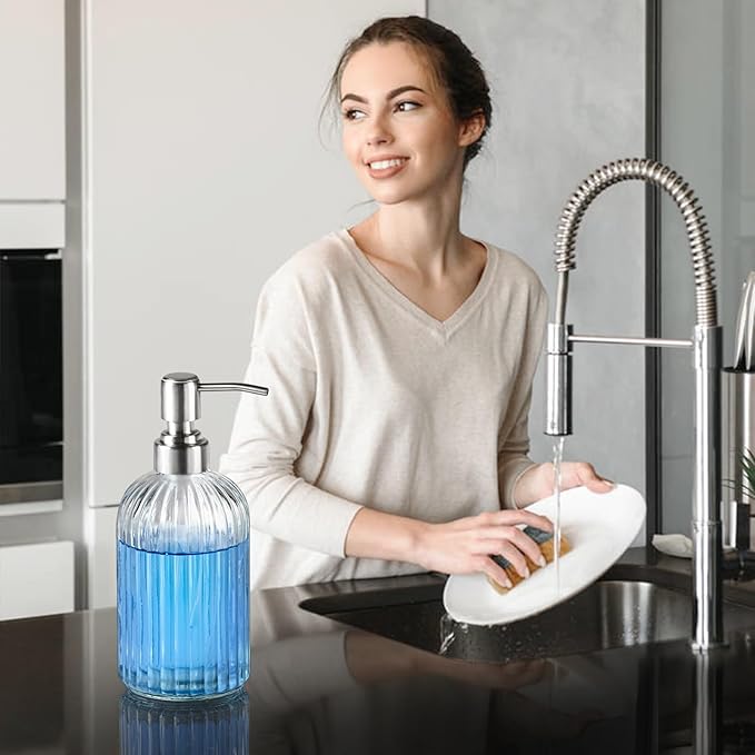 2 Pack Clear Glass Hand Soap Dispenser Set 18oz Bottle with Silver 304 Rustproof Stainless Steel Pump for Kitchen and Bathroom