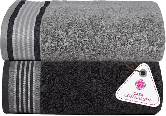 CASA COPENHAGEN He & She 2Pcs 100% Egyptian Cotton Large Designer Bathsheet Towels Gift Set- Pine Grey - Grey Voilet, 550GSM, 35"x70" 2Bath Sheet Towels for Bathroom Set for Women & Men