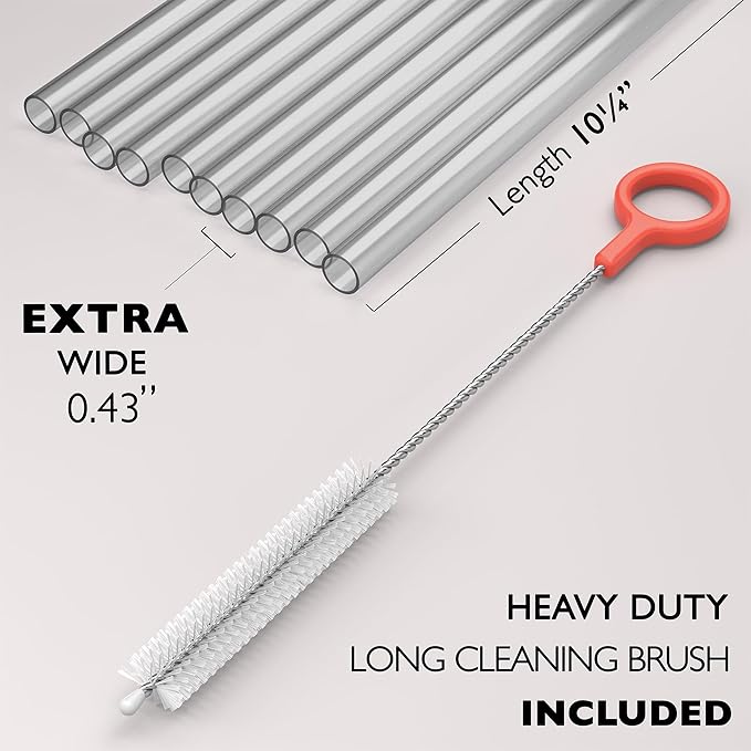 Fiesta First 10 EXTRA WIDE Long Reusable Hard Plastic Drinking Straws + Cleaning Brush - Fat Thick Large Jumbo Straws for Smoothies and Milkshakes - Semi-transparent - Dishwasher Safe BPA Free
