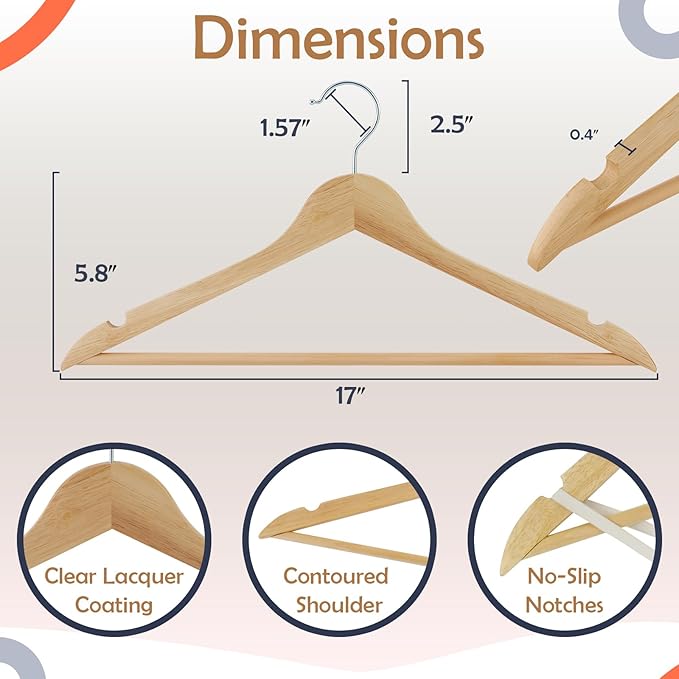 Solid Wooden Hangers 30 Pack, Wood Suit Hangers with Extra Smooth Finish, Precisely Cut Notches & Chrome Swivel Hook, Wooden Clothes Hangers for Shirt Coat Jacket Dress, Natural