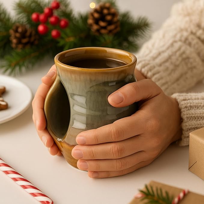 Hand Warmer Mug, Handmade Pottery Ceramic and Hand Painted - The Contoured Pocket will Hold Warmth From The Heat Of Your Drink To Keep Your Fingers Warm, Comfy Handwarmer (Desert Green) (Left hand)