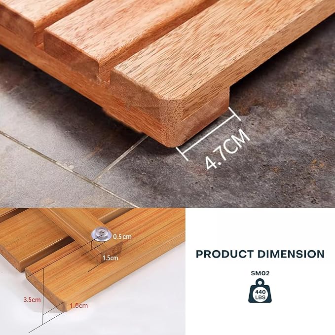 Solid Wood Shower Mat Non Slip, Bamboo Bath Mat for Bathroom, Waterproof Wooden Shower Floor Mats for Doorway Sauna Spa Yard Patio Pool Outdoor Use(W75xL110cm/W30xL43in)