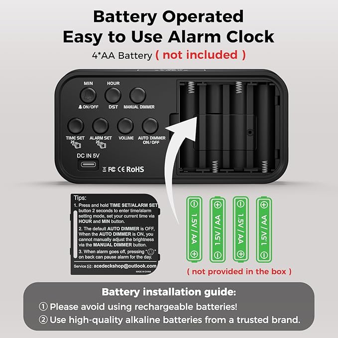 Acedeck Battery Operated Digital Clock: Cordless Small Alarm Clock for Bedroom Travel - Large Numbers 4 Dimmers for All Ages Green Digits