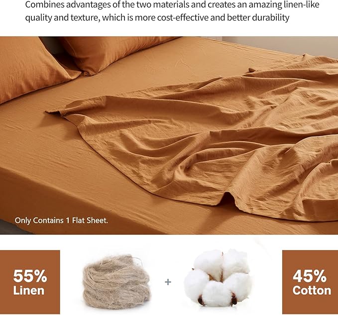 BISELINA Linen Sheet French Flax Flat Sheet Only 55% Euro Linen 45% Cotton Basic Style Solid Color Soft Breathable Farmhouse Top Sheet 1-Piece (Twin, Rust)