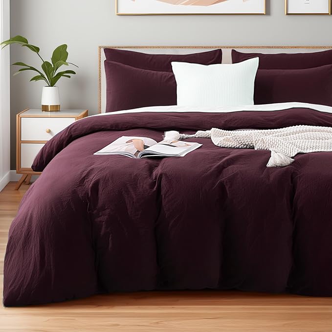 NEXHOME PRO Duvet Cover Set 100% Washed Cotton Super Queen, Linen Feel 3 PCs Home Bedding Set with Zipper Closure,Breathable, Organic Natural Duvet Cover 9098