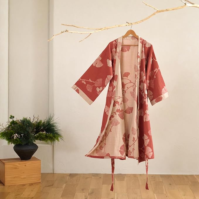 100% Cotton Gauze Ginkgo Leaf Kimono Robe, Long Knit Loose Bathrobe Nightgown Ladies Loungewear Sleepwear for Women