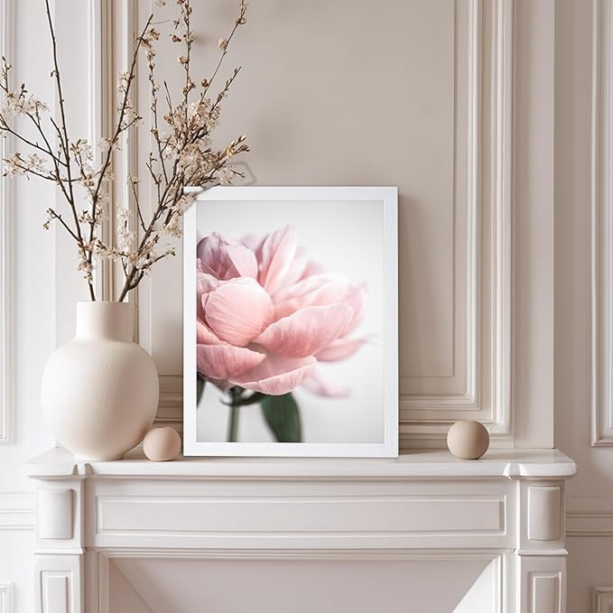 Monem Art Soft Pink Peony Macro Photography Print - Minimalist Floral Art Poster - Wall Decor for Living Room, Bedroom or Office - 12x16 White Framed Wall Art by Mareike Bohmer