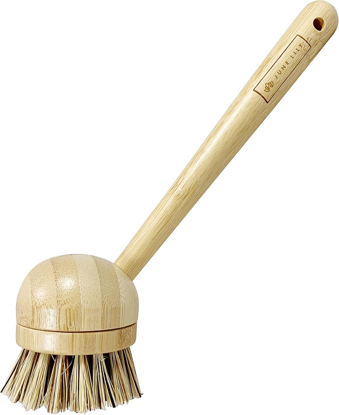 JuneLily Long Coconut Dish Brush Plant-Based Vegan for Kitchen Bathroom Cleaning Produce Washing Dishes (Long Dish Brush)