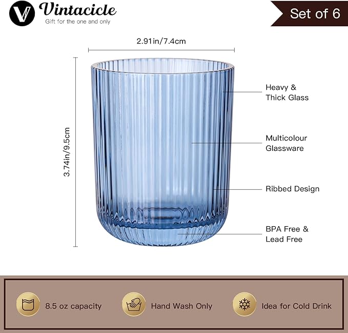 Blue Ribbed Drinking Glasses Set of 6,8.5oz Vintage Highball Tumblers,Colored Glassware for Water, Juice,Coffee,Cocktails,Blue Glass Cups,Housewarming & Christmas Gift
