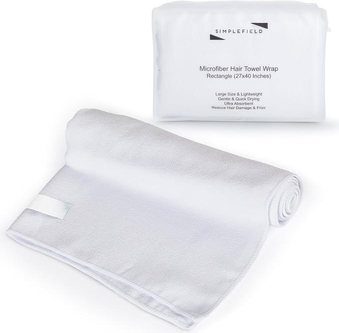 SimpleField Large Microfiber Hair Towel Wrap (27x40 Inches) for Women, Anti-Frizz Flat Rectangle Drying Towel with Full Hair Coverage Design, Elastic Band for Long, Curly and Thick Hair (Bright White)