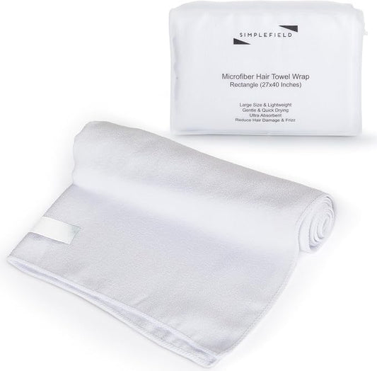 SimpleField Large Microfiber Hair Towel Wrap (27x40 Inches) for Women, Anti-Frizz Flat Rectangle Drying Towel with Full Hair Coverage Design, Elastic Band for Long, Curly and Thick Hair (Bright White)