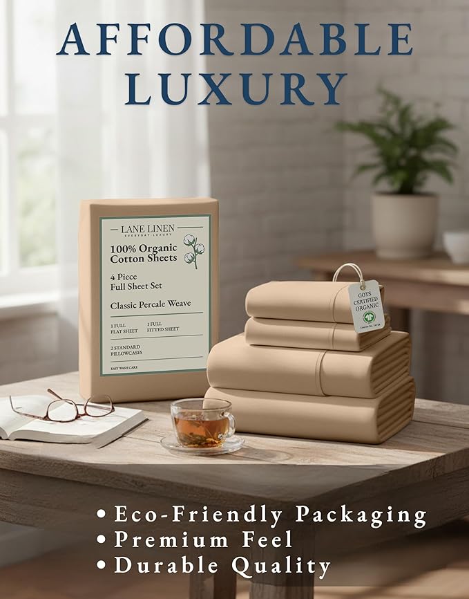 LANE LINEN 100% Organic Cotton Sheets Set, Pure Organic Cotton Long- Staple Percale Weave Ultra Soft Best- Bedding Sheets for Bed, GOTS Certified, Fits Mattress Upto 15in. Deep Pocket (Full, Taupe)