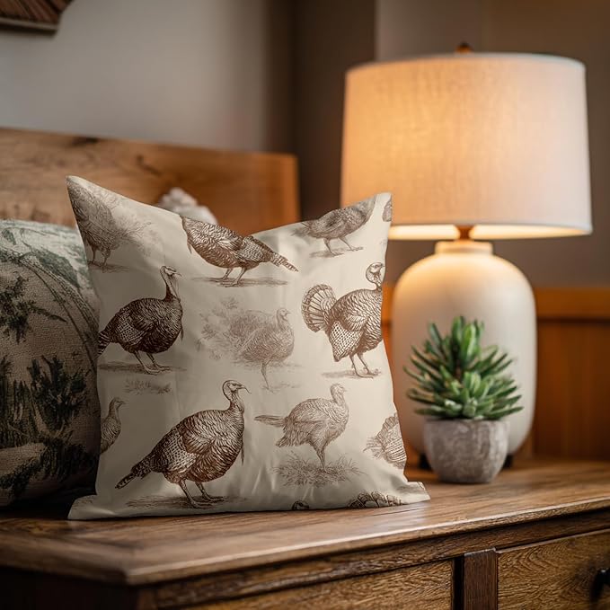 Shrahala Wild Turkeys Decorative Throw Pillow Cover, Vintage Turkey Illustration Square Pillowcase Blended Double-Sided No Inserts for Bedroom Living Room Set of 2 (16 x 16 in)