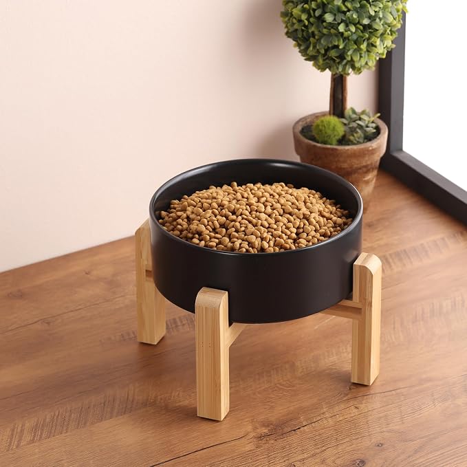 Elevated/Raised Ceramic Dog Bowl with Bamboo Stand (Black, 3.6Cup)