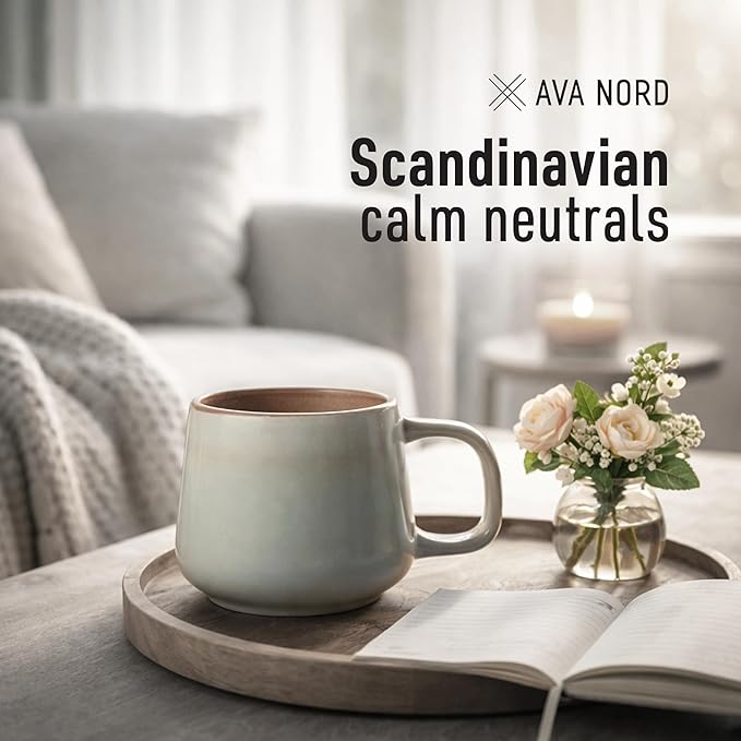 Ava Nord Large Ceramic Coffee Mugs Set of 4 | 16 oz Stoneware Coffee Cups | Lead-Free, Non-Toxic | Microwave and Dishwasher Safe | Comfortable Handle | Nordic Design for Tea, Cocoa, Latte | Sage Ash