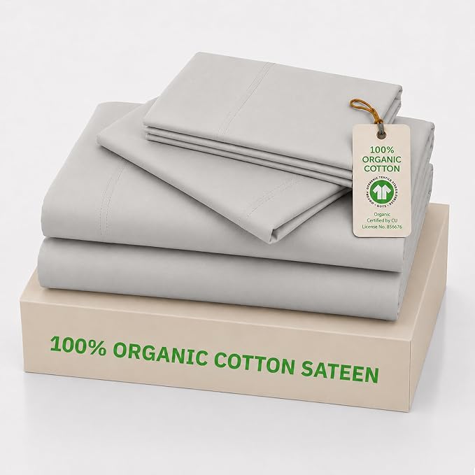 California Design Den California King Sheets Set - 100% Organic Cotton, Soft and Lightweight Sateen, Deep Pockets, Durable Bedding - Light Grey