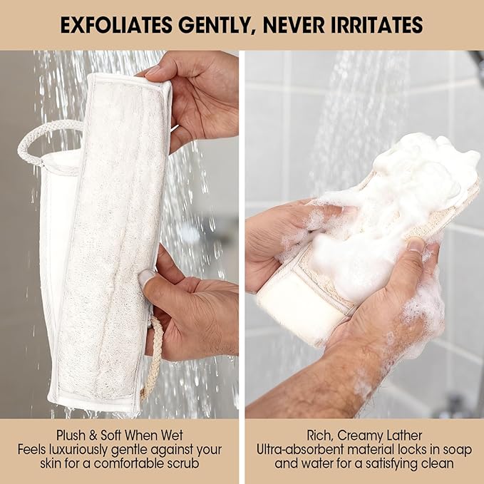 Loofah Back Scrubber with Handle, Natural Exfoliating Shower Sponge, Deep Clean Back Scrub for All Skin Types, Durable Bath Loofah for Daily Use