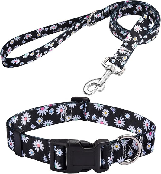 MarukoPet Dog Collar and Leash Set, Adjustable for Small Medium Large Dogs Puppy, Cute Design with Bohemia Floral Tribal Geometric Patterns Boys Girls Dog Collar(Black Daisy Set,S)