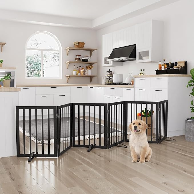 Semiocthome Wood Dog Gates for The House Extra Wide, 6-Panel Freestanding Pet Gates with 4PCS Metal Stands for Doorways and Stairs, 24" H Foldable Dog Fences Indoor, Expands Up to 110" (W)- Black