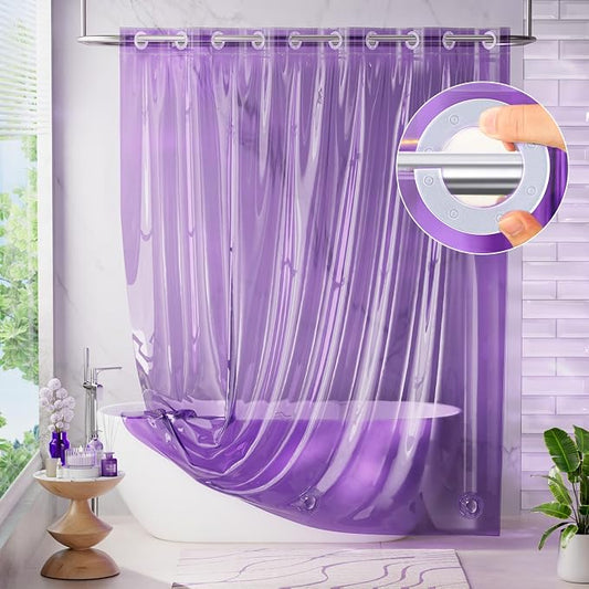 AmazerBath No Hook Shower Curtain and Liner 3-in-1, 8G Luxury Heavy Duty Clear Purple No Hook Shower Curtain Liner, 72x75 Cute EVA Bathroom Weighted Plastic Shower Curtain with 3 Heavyweight Stones