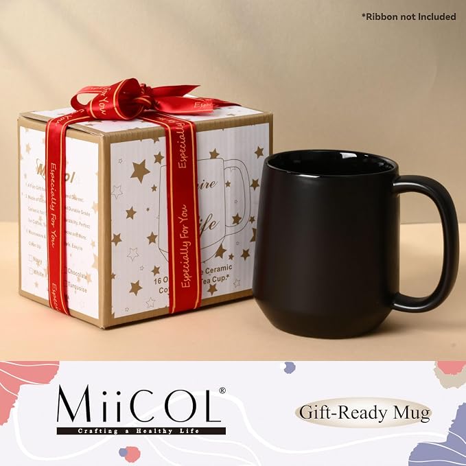 Miicol Ceramic Coffee Mug, 16 oz Large Coffee Cup, Tea Mug with Handle, Flat Bottom Mug for Men, Women, Office, Microwave and Dishwasher Safe, Multi-Color, Black