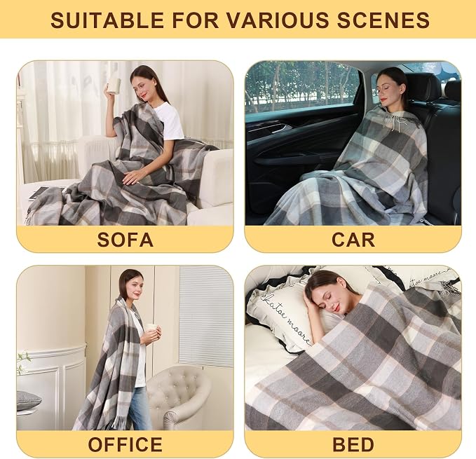 Woolly Throw Pure Wool Blanket - Large 55x83 inches, 1.5 lbs,Wool Fringed Knee Throw Blanket for Couch Bed Outdoor Travel,Soft Lightweight Breathable Blanket for All Season,Beige Check