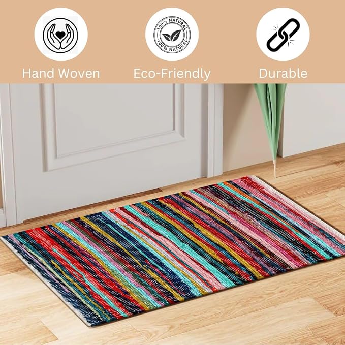 WeWove Hand Woven Chindi Rug Cotton - Boho Rustic Farmhouse Area Accent Throw Rug - Area Floor Carpet for Bedroom Living Room Kitchen Dorm Entryway Hallway - 20x32 inch Area Rug Multicolor