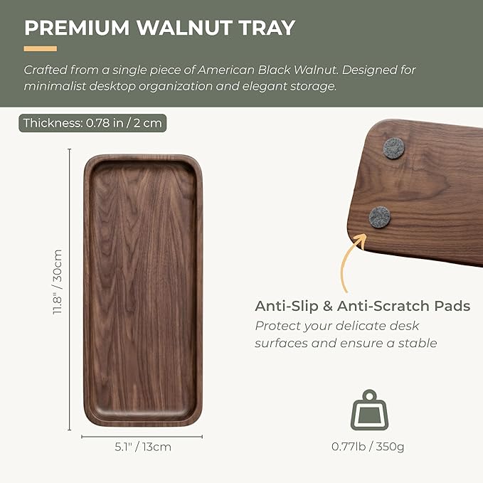 muso wood Walnut Serving Tray - Solid Wood Small Rectangle Platter for Bathroom, Dinner, Tea, Coffee (11.8 x 5 in)