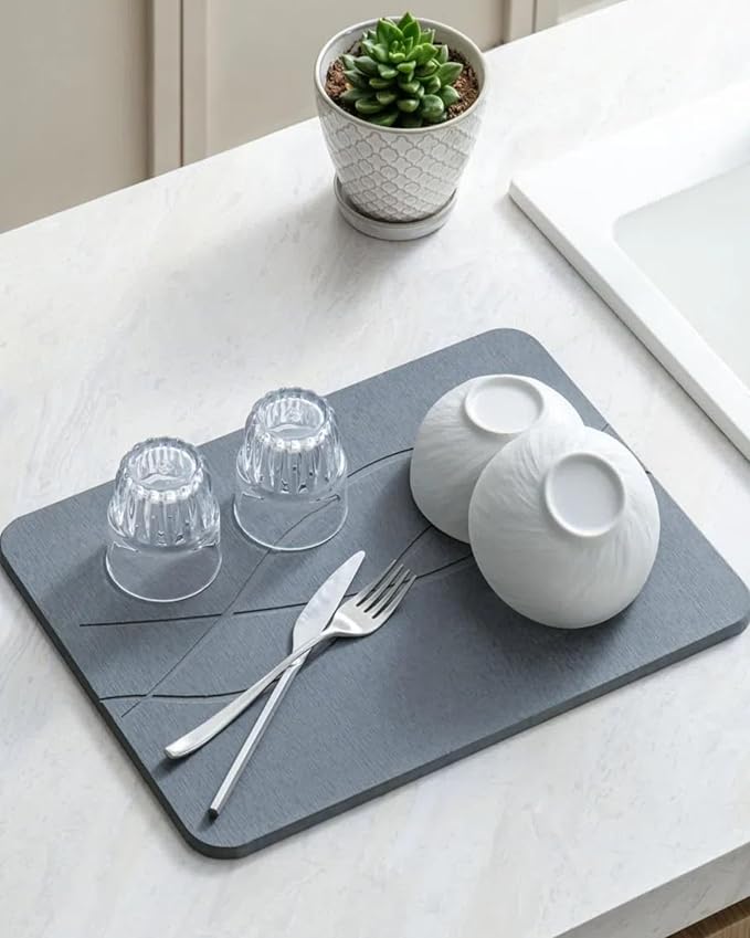 Large Stone Drying Mat for Kitchen Counter, Water-Absorbent Diatomaceous Earth Dish Drying Mats, Quick Dry Stone Dish Drying Mat Multi-Purpose Stone Drying Tray for Cups Dishes Bottles 24*16in, Grey