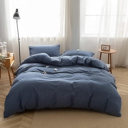 FACE TWO FACE Bedding Duvet Cover Set100% Washed Cotton Duvet Cover Linen Like Textured Breathable Durable Soft Comfy(California King, Navy Blue)