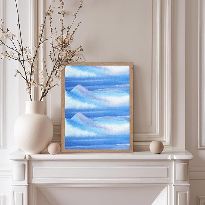 Monem Art Blue Watercolor Abstract Landscape Print - Minimalist Ocean Horizon Art Poster - Wall Decor for Living Room, Bedroom or Office - 8x10 Beige Framed Wall Art by Rs Lab Studio